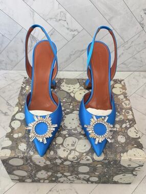 Amina Muaddi Blue begum Satin Slingback Pumps